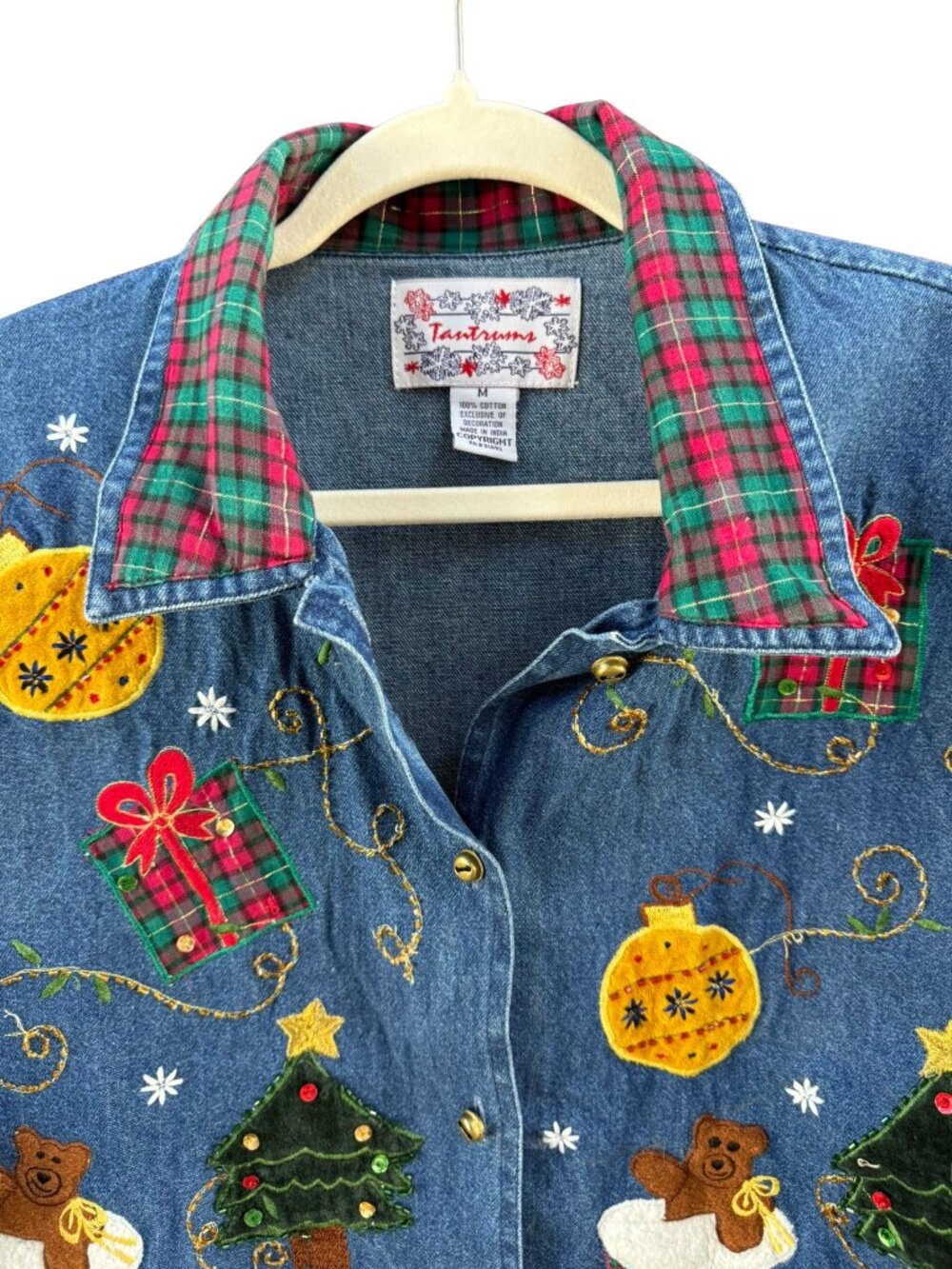 Vintage Tantrums Christmas Denim Jacket Teddy Bear Tree Ornament Plaid Appliqué - Picture 2 of 7